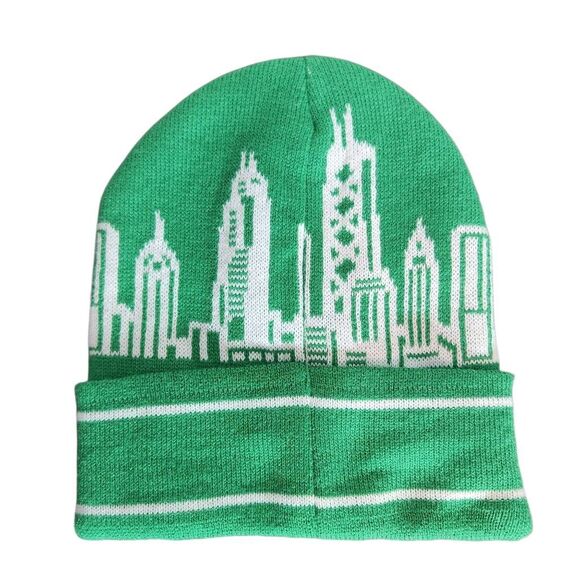Chicago Green City Skyline Beanie One Size Green Chicago Beanie - Picture 2 of 7